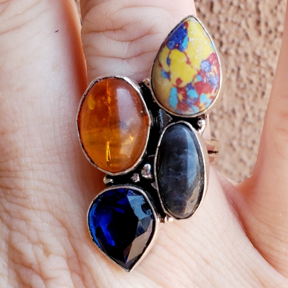 New Mosaic Jasper, Amber, Blue Topaz 925 Silver Ring. - Picture 5 of 7